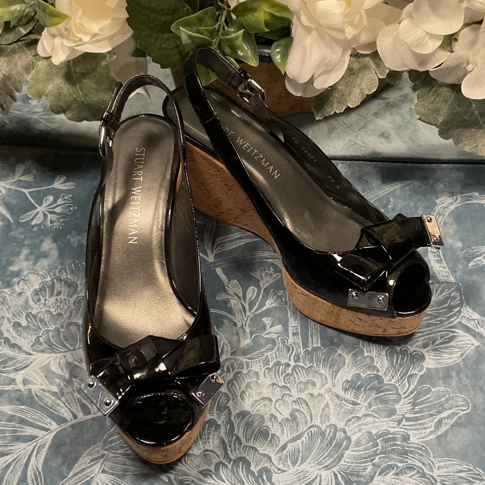 Stuart Weitzman Black Patent Wedge Sandals